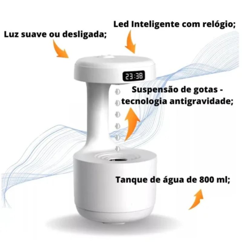 Difusor de Ar Ultrassônico - Anti Gravidade Gotas D'água - Com Relógio Digital Led